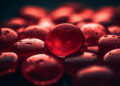 Różne grupy krwi przedstawione na tle czerwonych i białych krwinek.