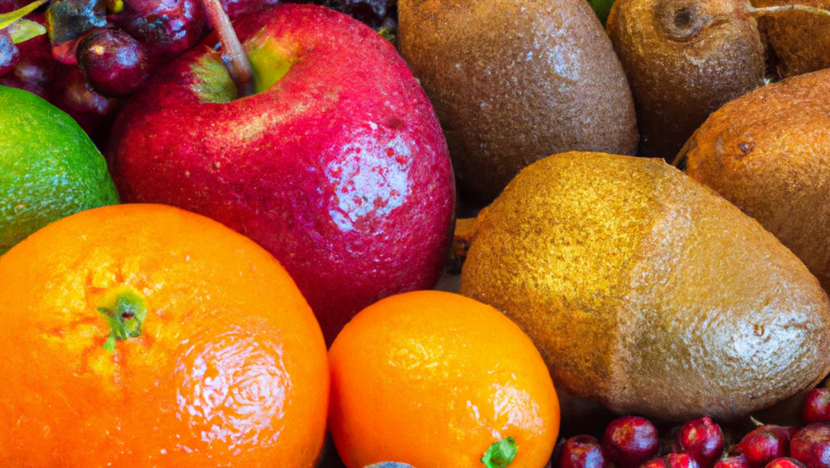 Taca pełna kolorowych sezonowych owoców i warzyw, idealnych do zdrowego odżywiania w zimie.